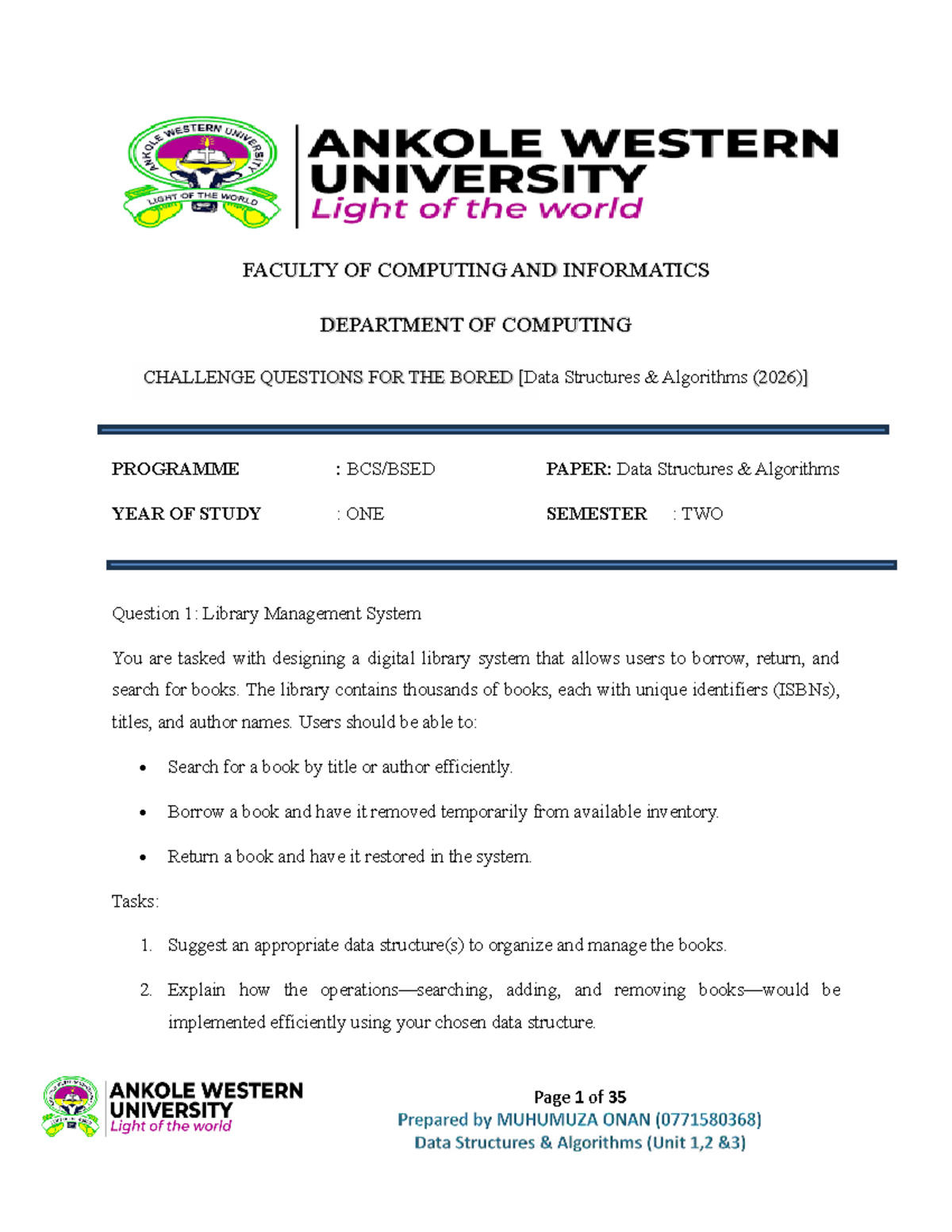 Data Structures Algorithms: Challenge Questions for Year 1, Semester 2 ...