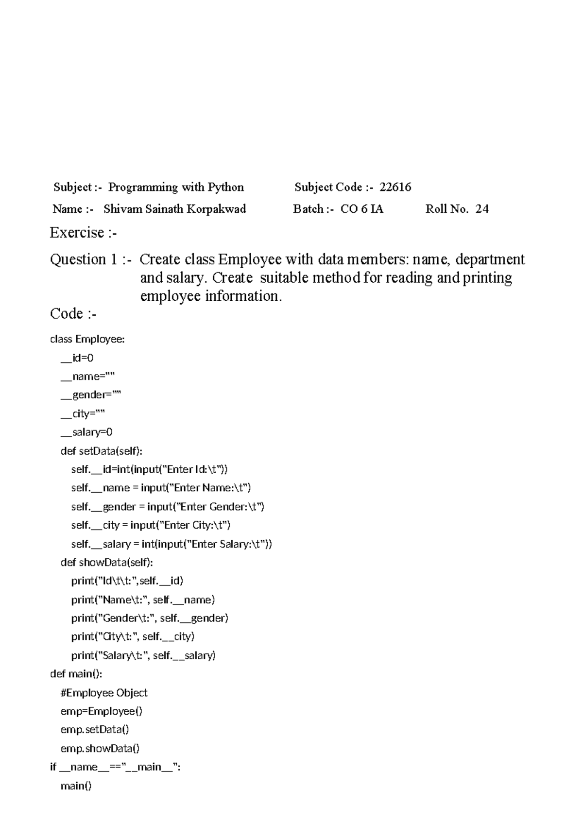 Practical No. 15: Python Programming Exercise 22616 by Shivam K. - Studocu