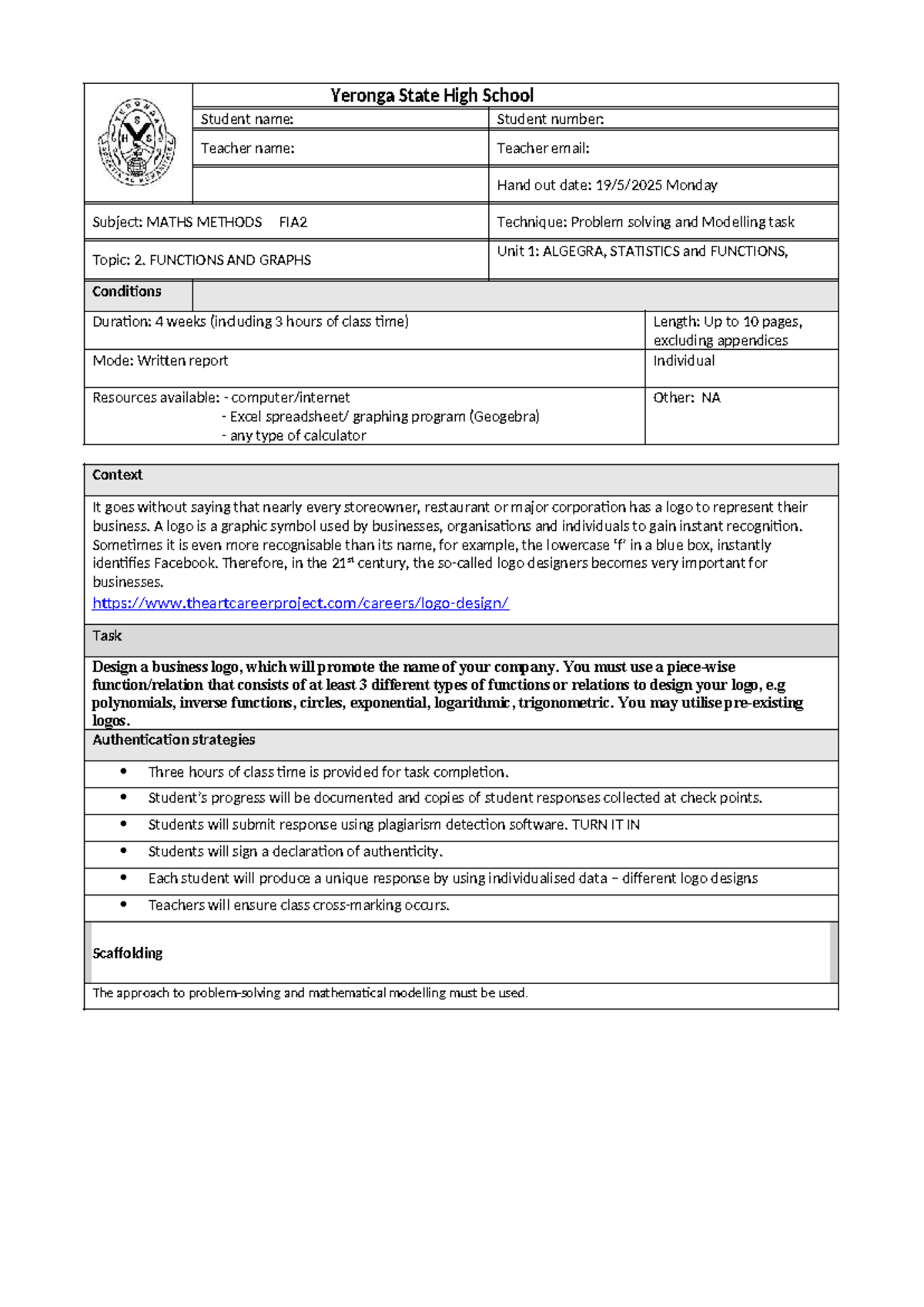 Yr 11 Maths Methods FIA2: Functions & Graphs Logo Design Task - Studocu