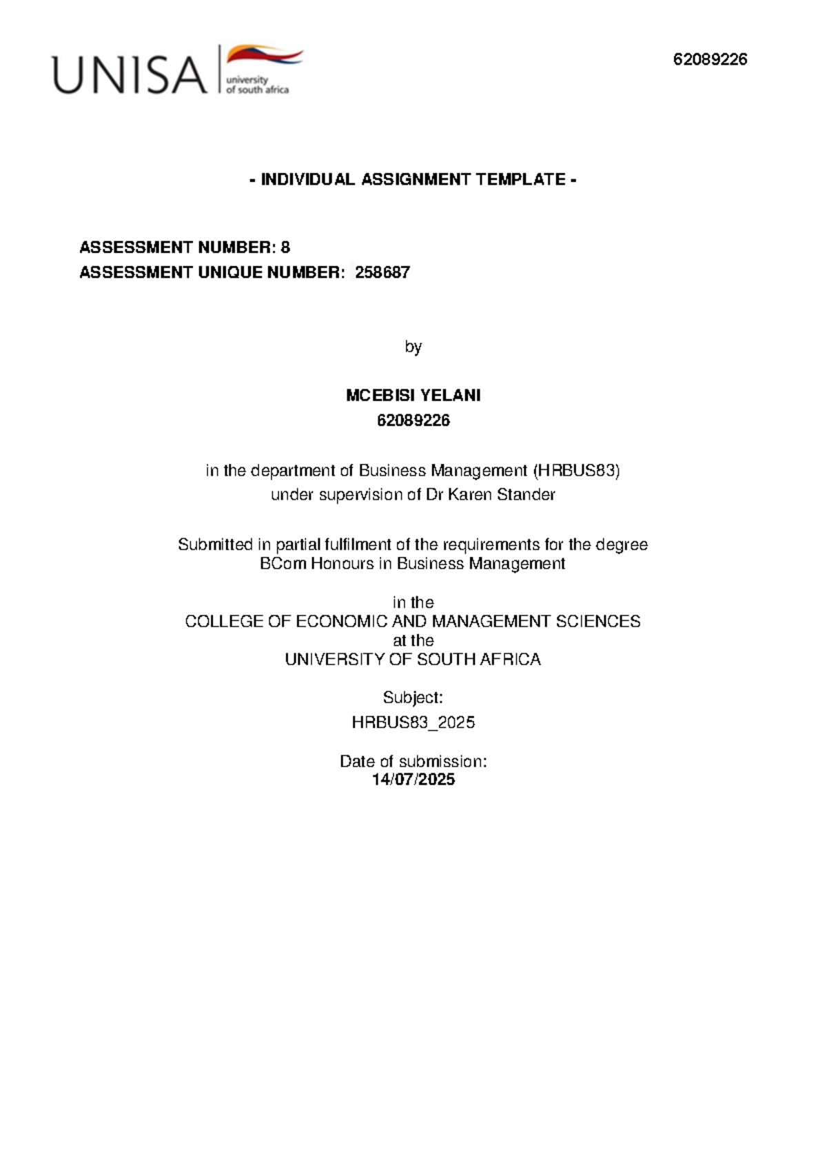 HRBUS83 Individual Assignment Template - M. Yelani (2025) - Studocu