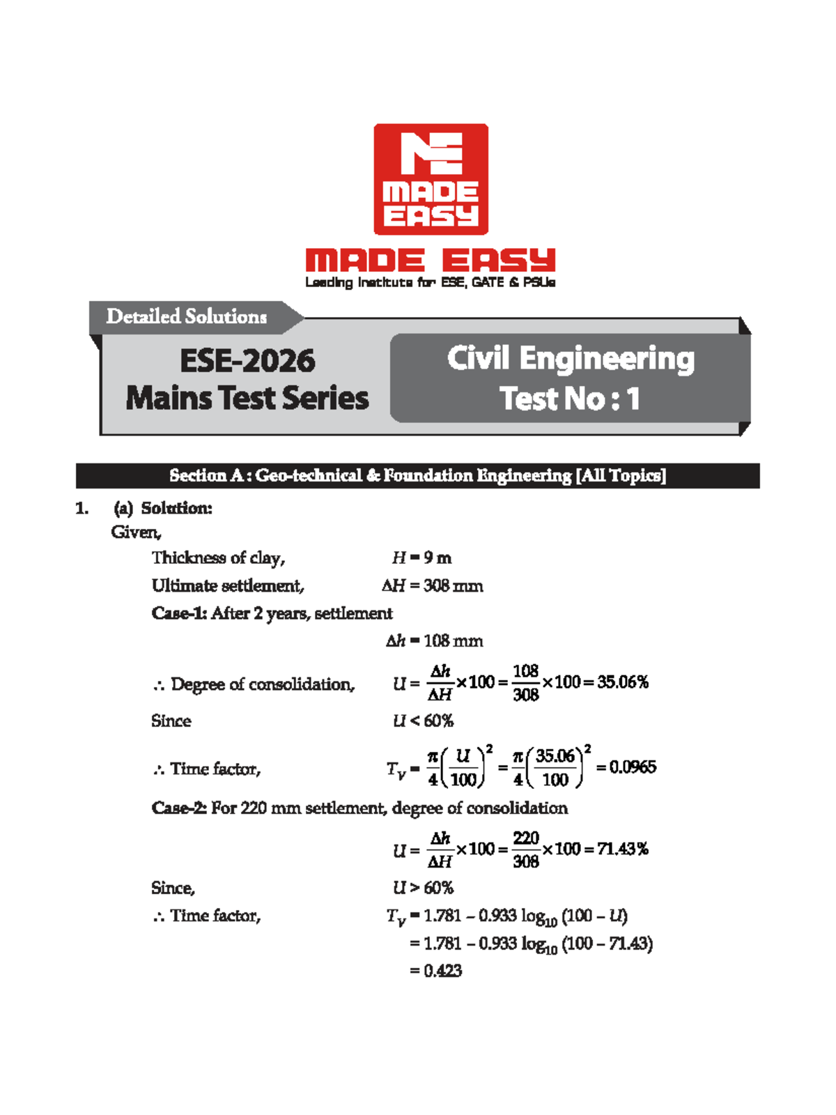 ESE 2026: Civil Engineering Mains Test Series Solutions - Test No. 1 ...