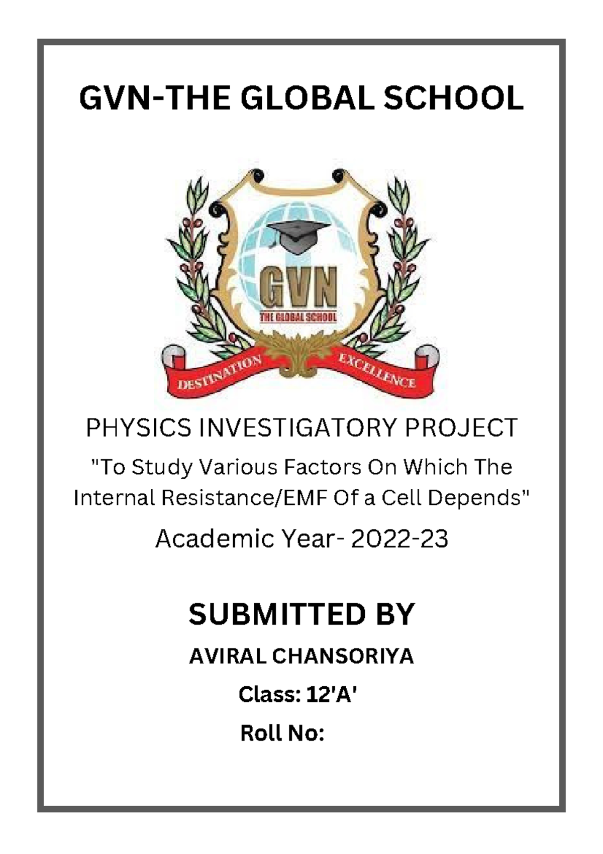 Physics Investigatory Project on Internal Resistance/EMF of a Cell - Document Preview