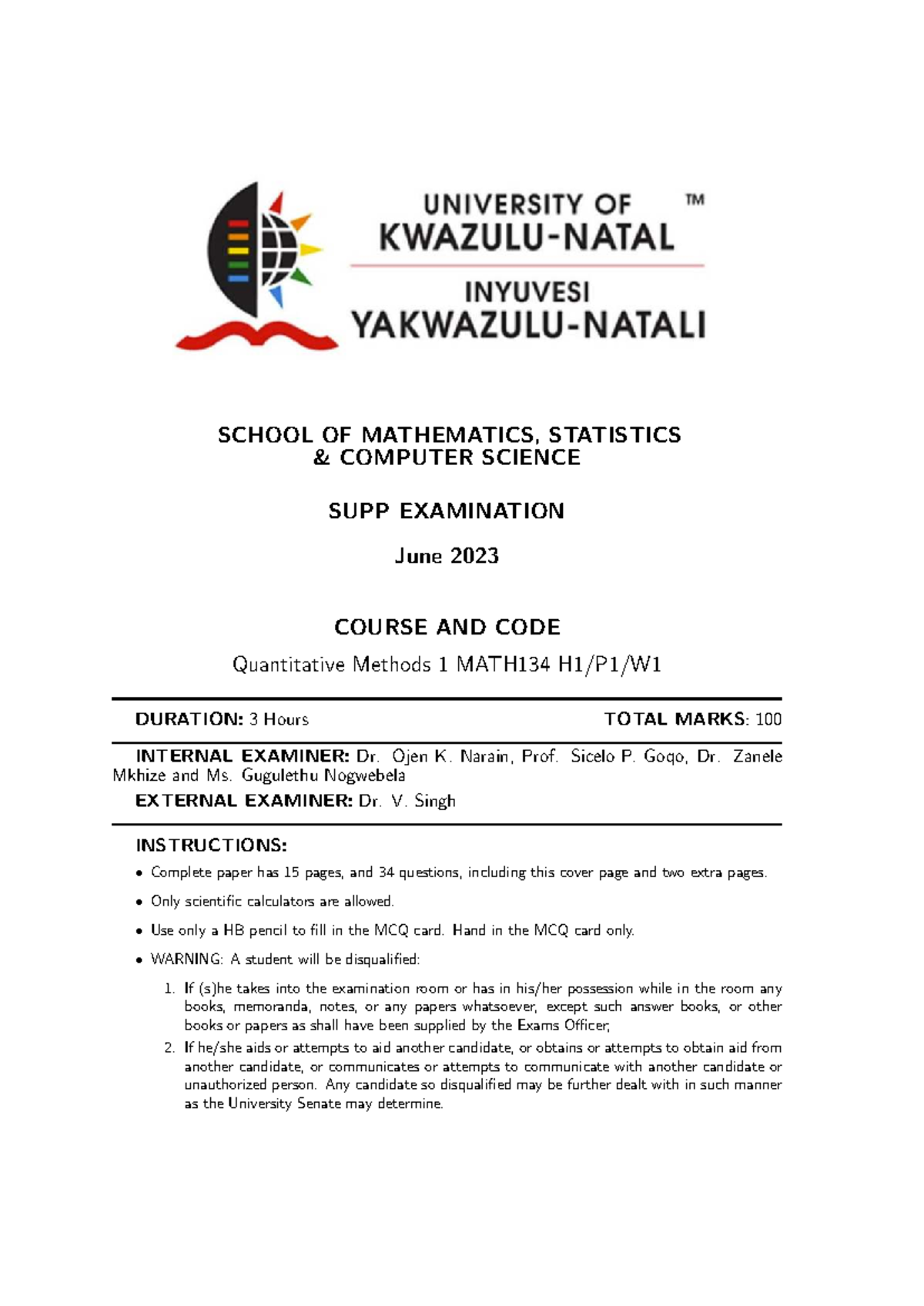 UKZN: Supp Exam June 2023 - Quantitative Methods 1 MATH134 - Studocu