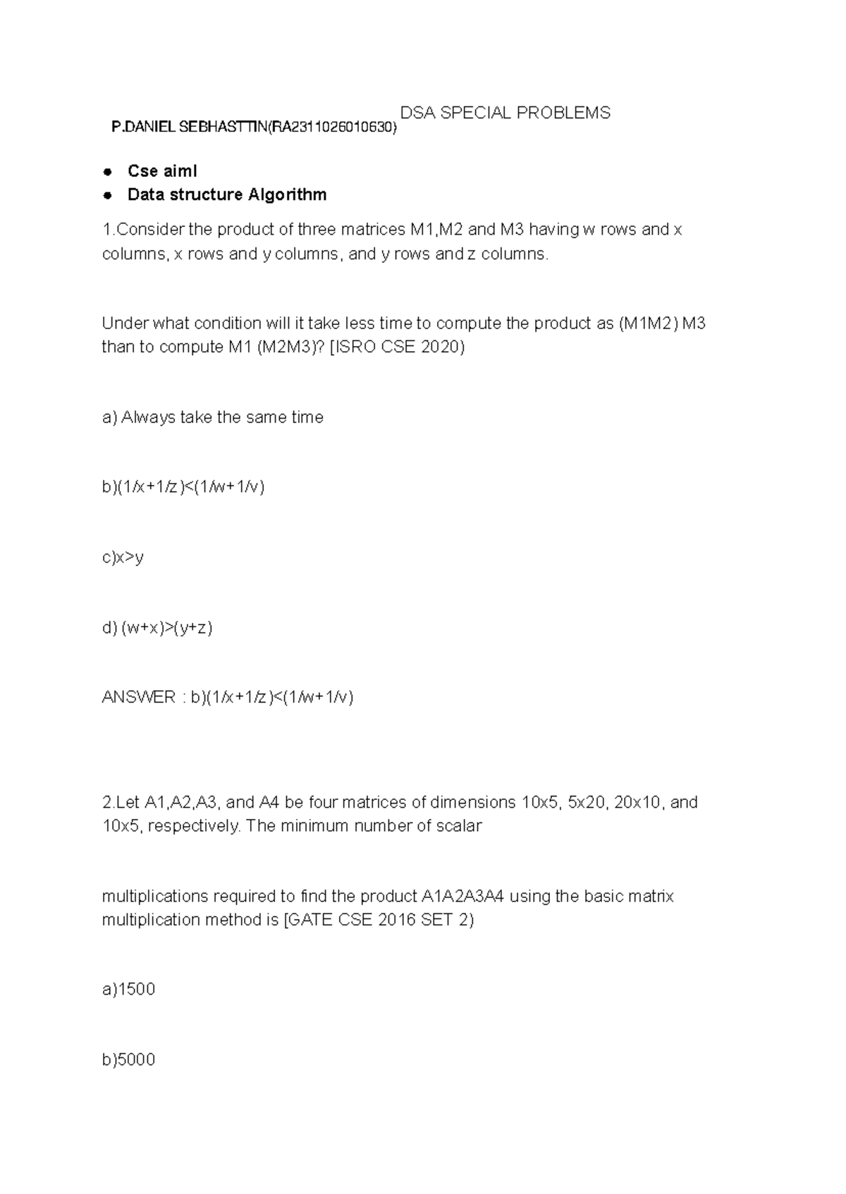 DSA Special Problems - Practice Qs & Solutions for CSE Students - Studocu