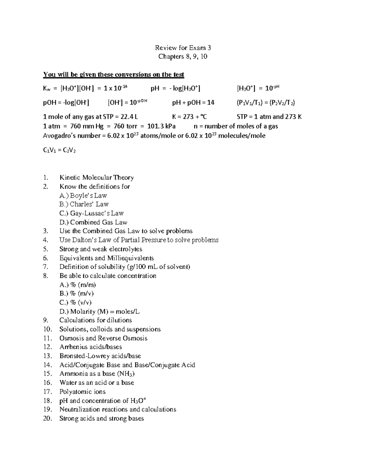 Chemistry Exam 3 Review: Concepts & Calculations for Ch. 8-10 - Studocu