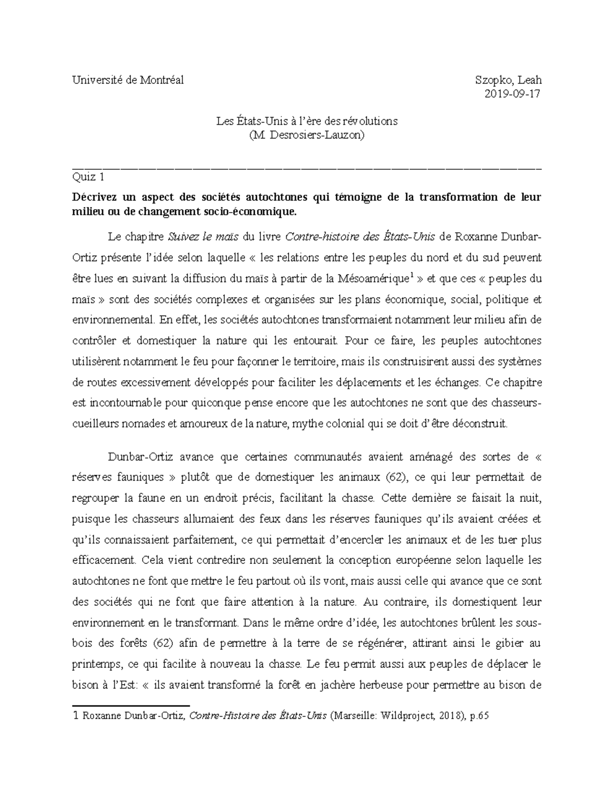 Quiz 1 - Transformation des sociétés autochtones et le maïs - Studocu
