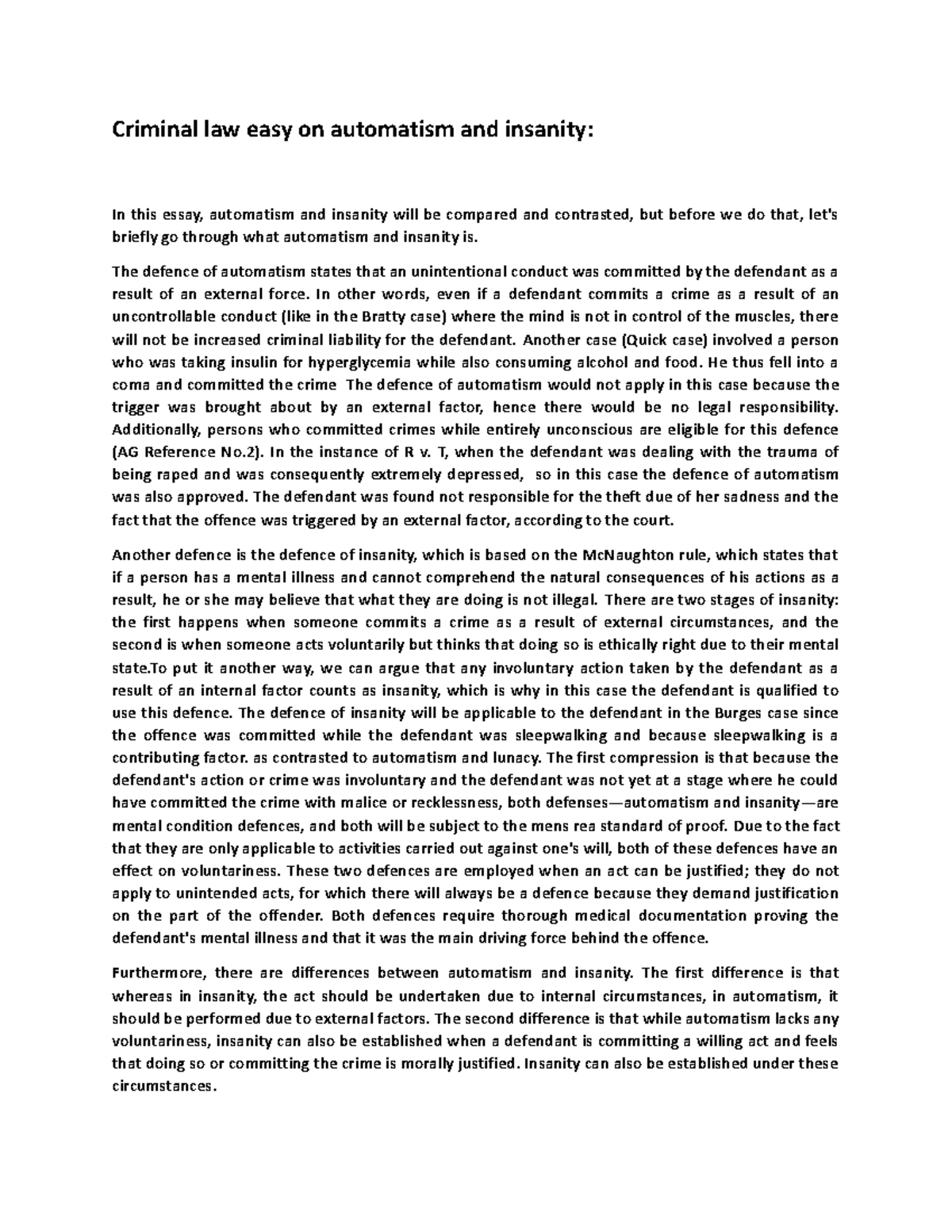 Criminal Law Essay: Comparing Automatism and Insanity Defenses - Studocu