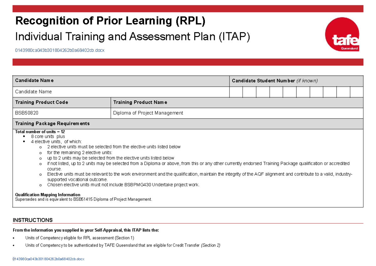BSB50820 RPL Individual Training & Assessment Plan - Studocu