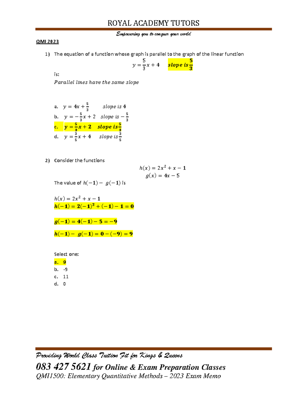 QMI1500 2023 Exam Memo: Questions & Worked Solutions - Studocu