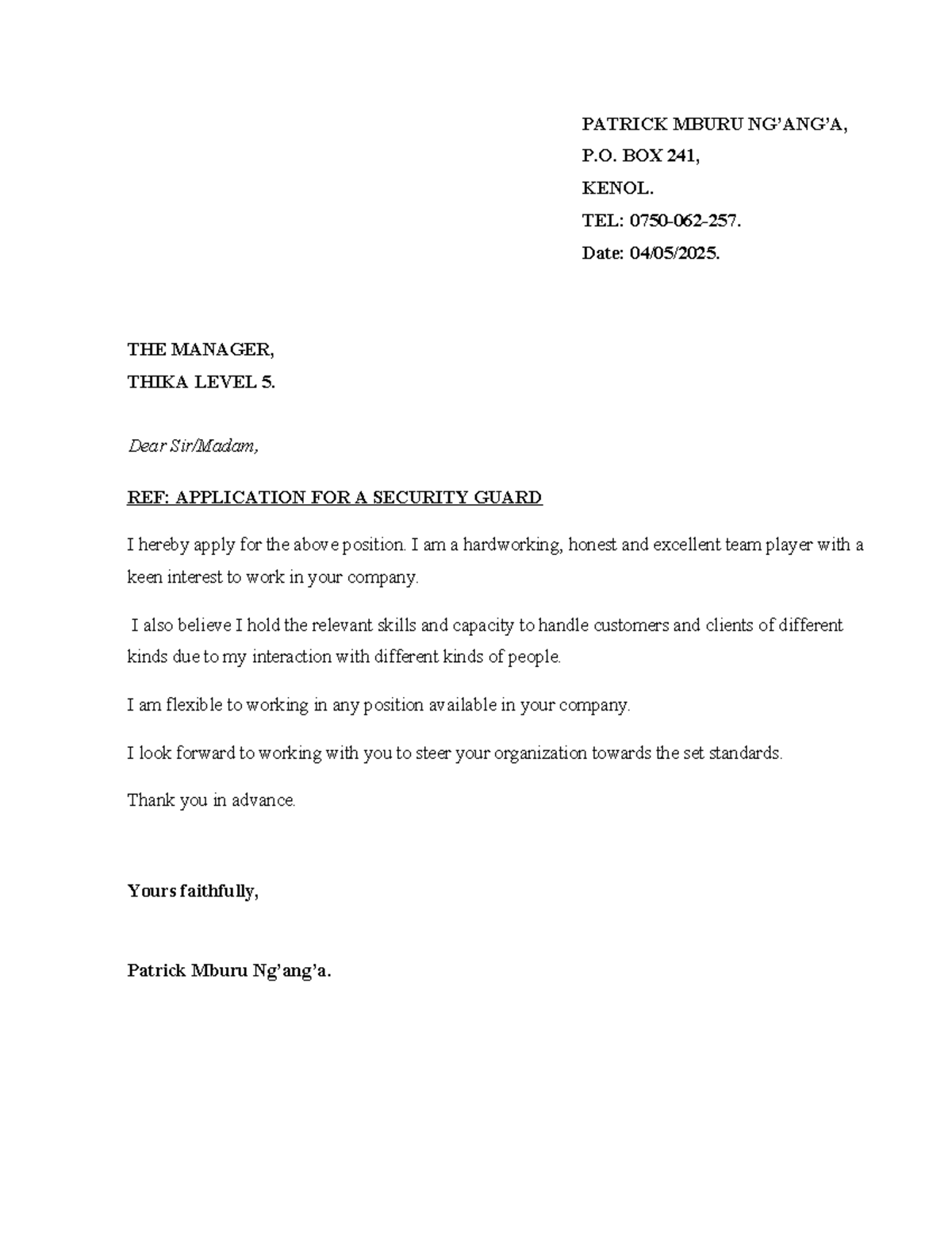 Application Letter for Security Guard Position - Patrick Mburu - Studocu