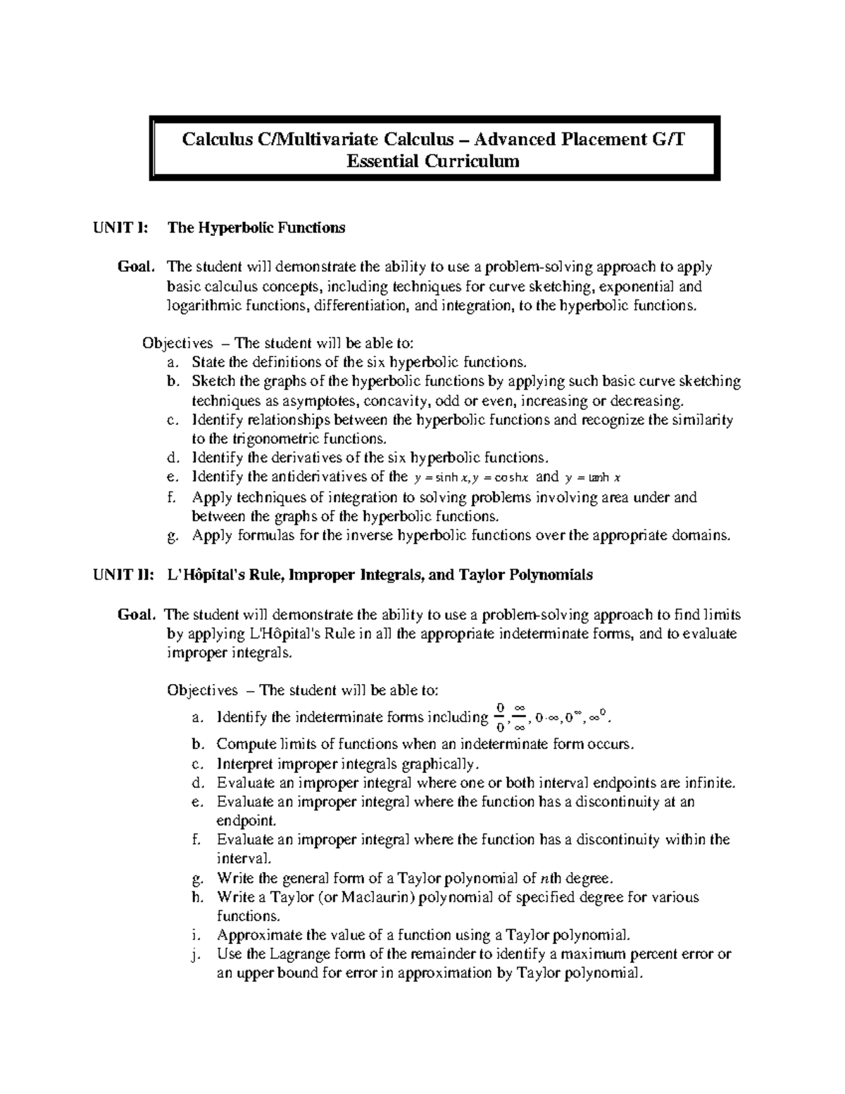 Mathematics Essential Curriculum - Calculus C: AP & GT Overview - Studocu