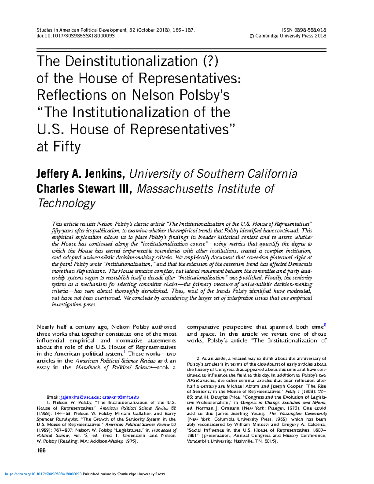 The Deinstitutionalization of the U.S. House of Representatives ...