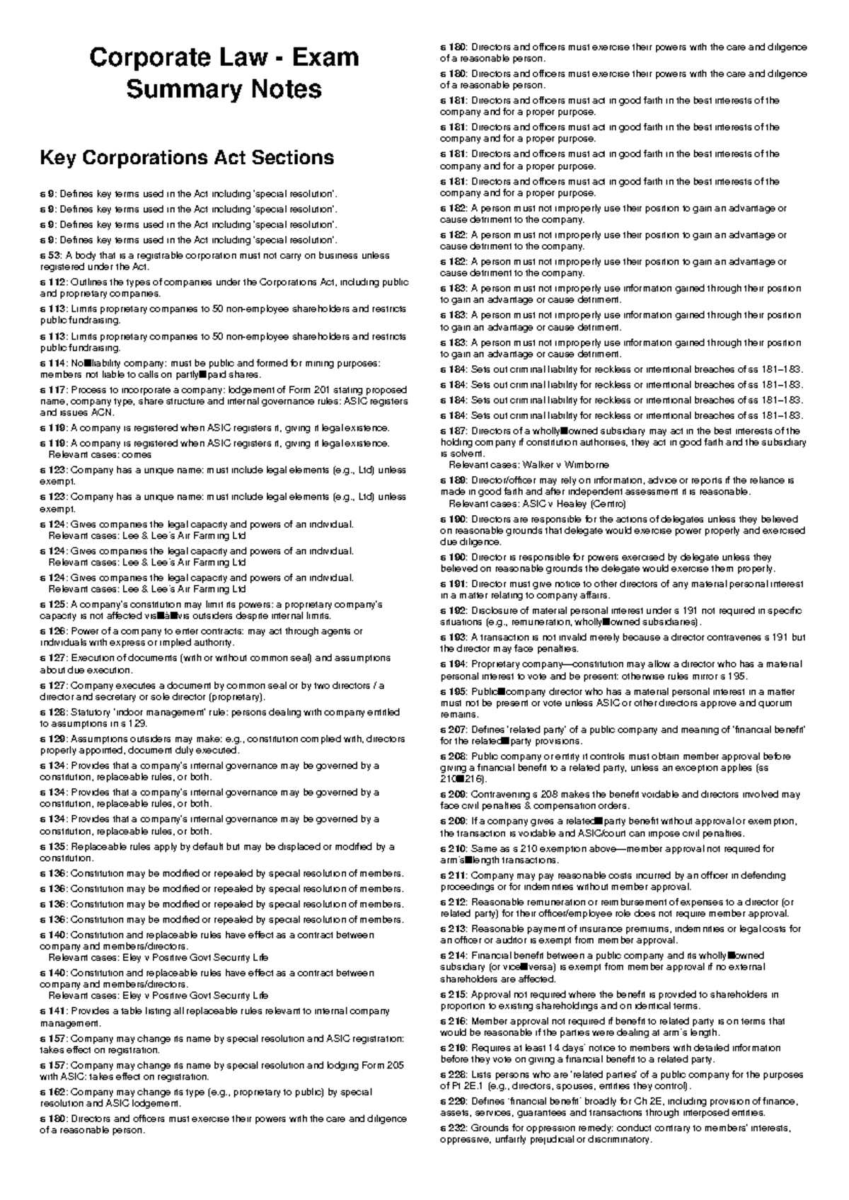 Corporate Law Exam Summary Notes: Key Sections and Cases Analysis - Studocu