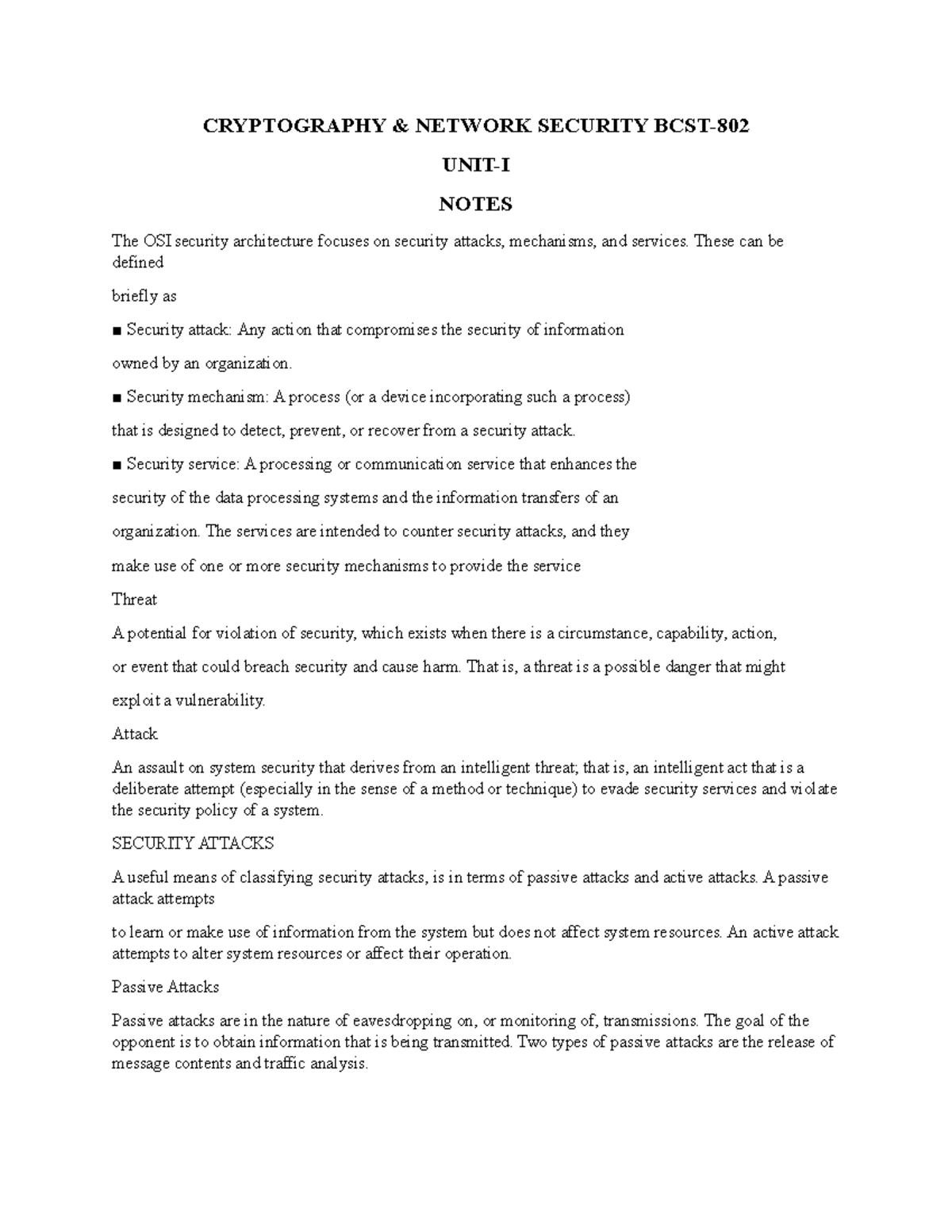 Cryptography & Network Security Notes - BCST-802 Unit I & II - Studocu