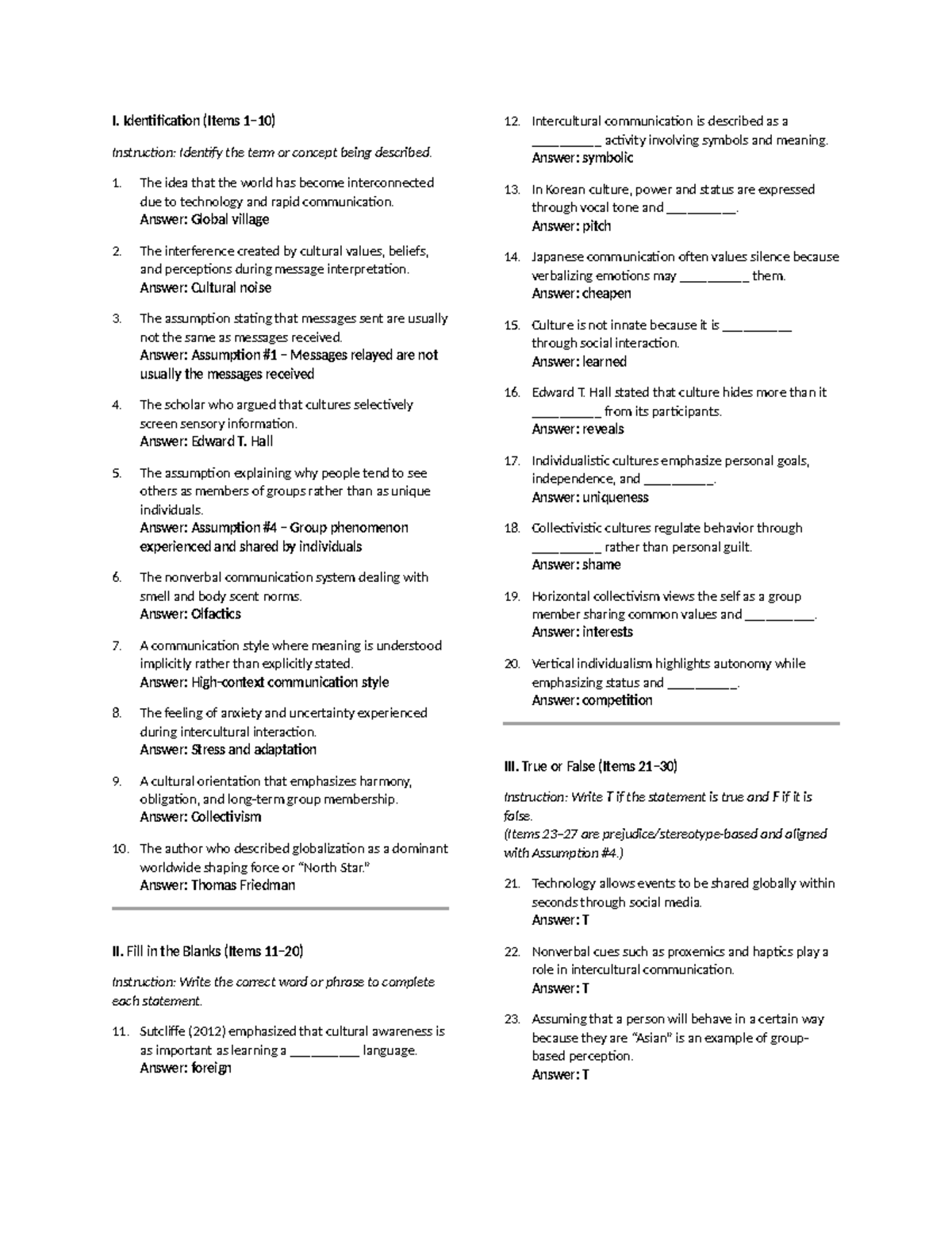 Intercultural Communication Quiz Answers (Course Code: IC101) - Studocu