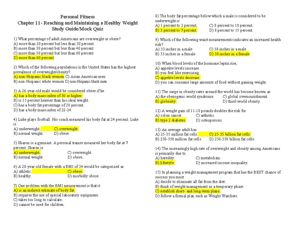 Personal Fitness CH. 11 Study Quiz: Healthy Weight & Body Fat - Studocu