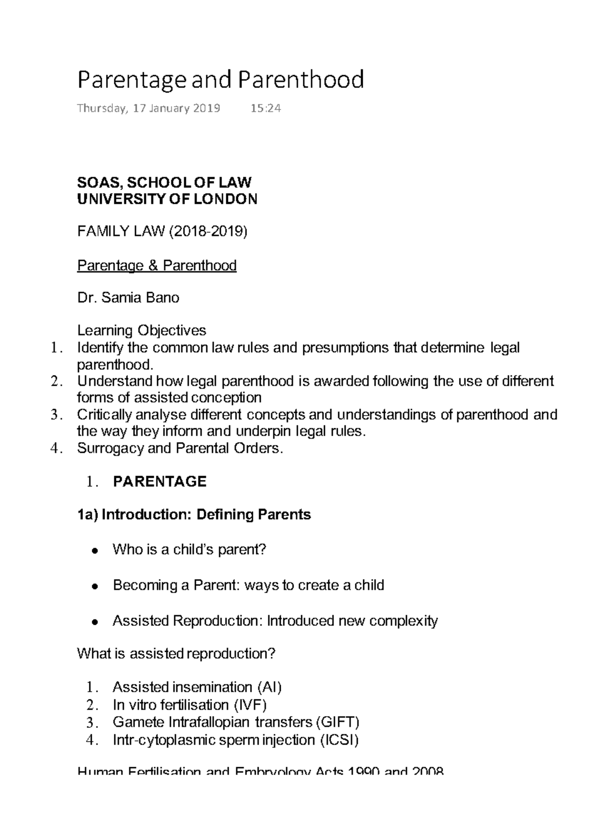 Family law lecture 12 Parentage and Parenthood - SOAS, SCHOOL OF LAW ...