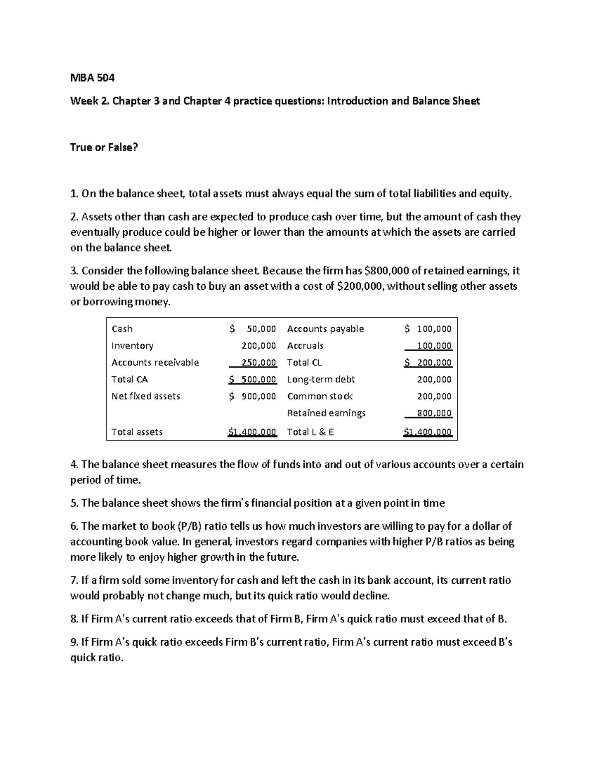 MBA 504 Week 2 practice Ch3Ch4 - MBA 504 Week 2. Chapter 3 and Chapter ...