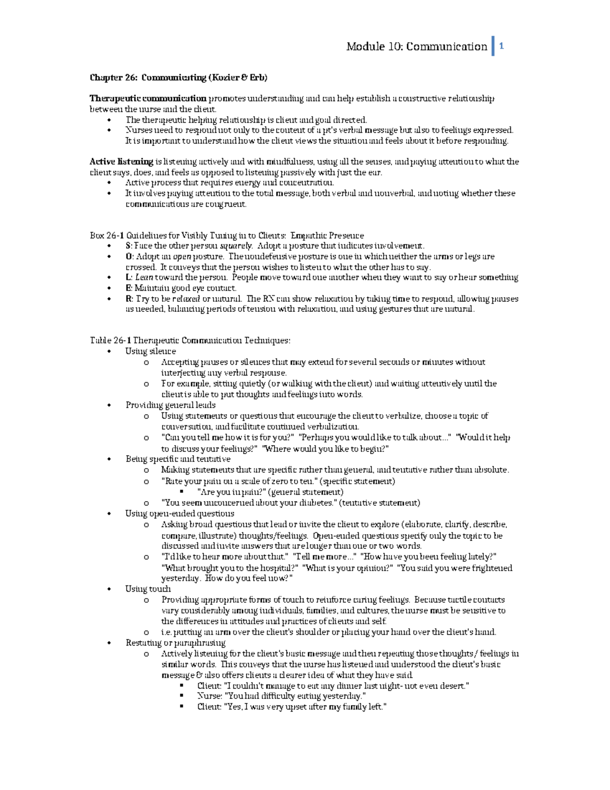 NUR112 Communication - Module 10: Therapeutic Communication Notes - Studocu