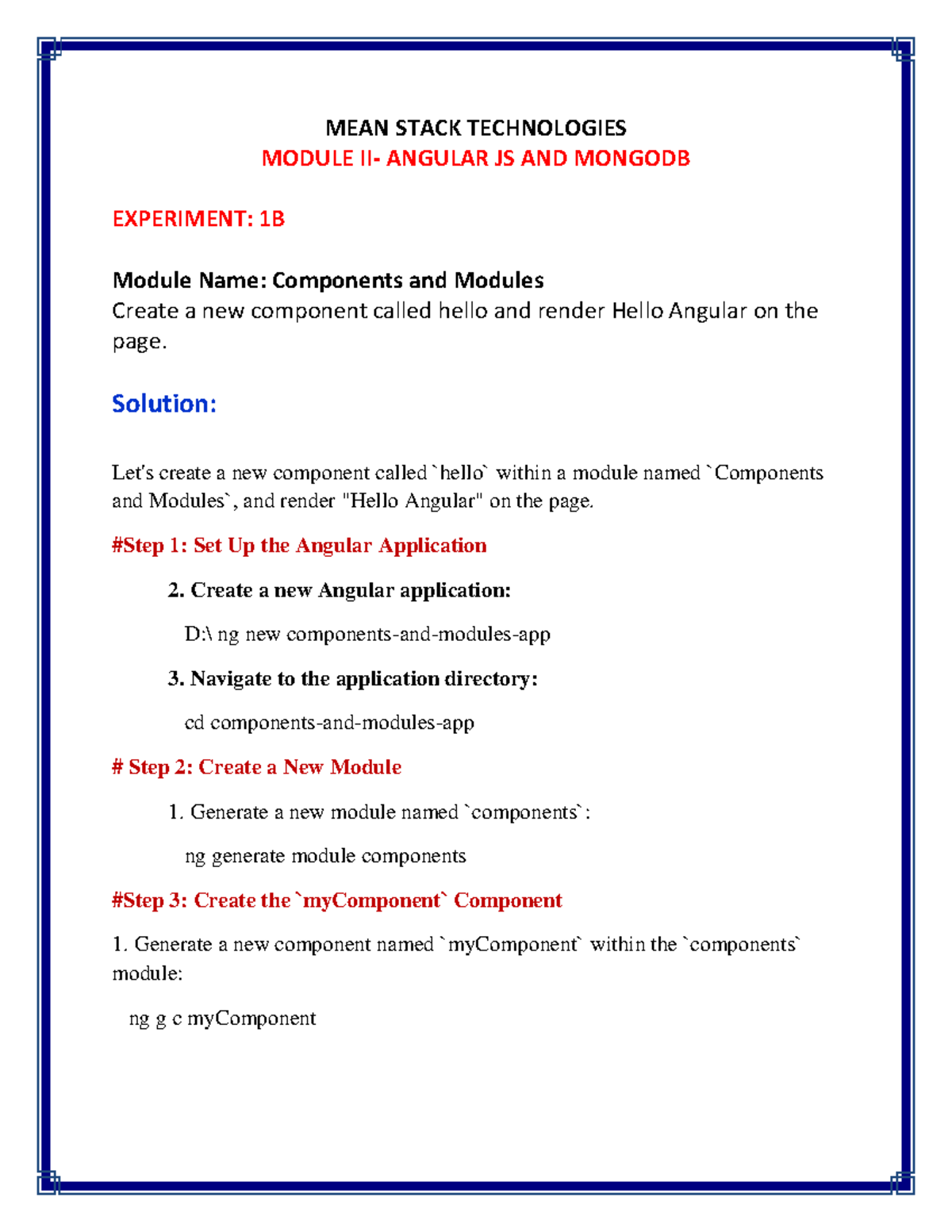 EX 2 - Angular JS & MongoDB: Creating a Hello Component - Studocu