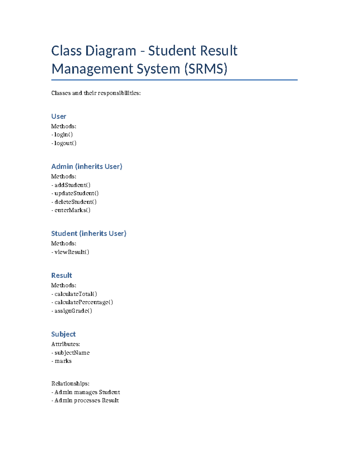 SRMS Class Diagram - srs - Class Diagram - Student Result Management ...