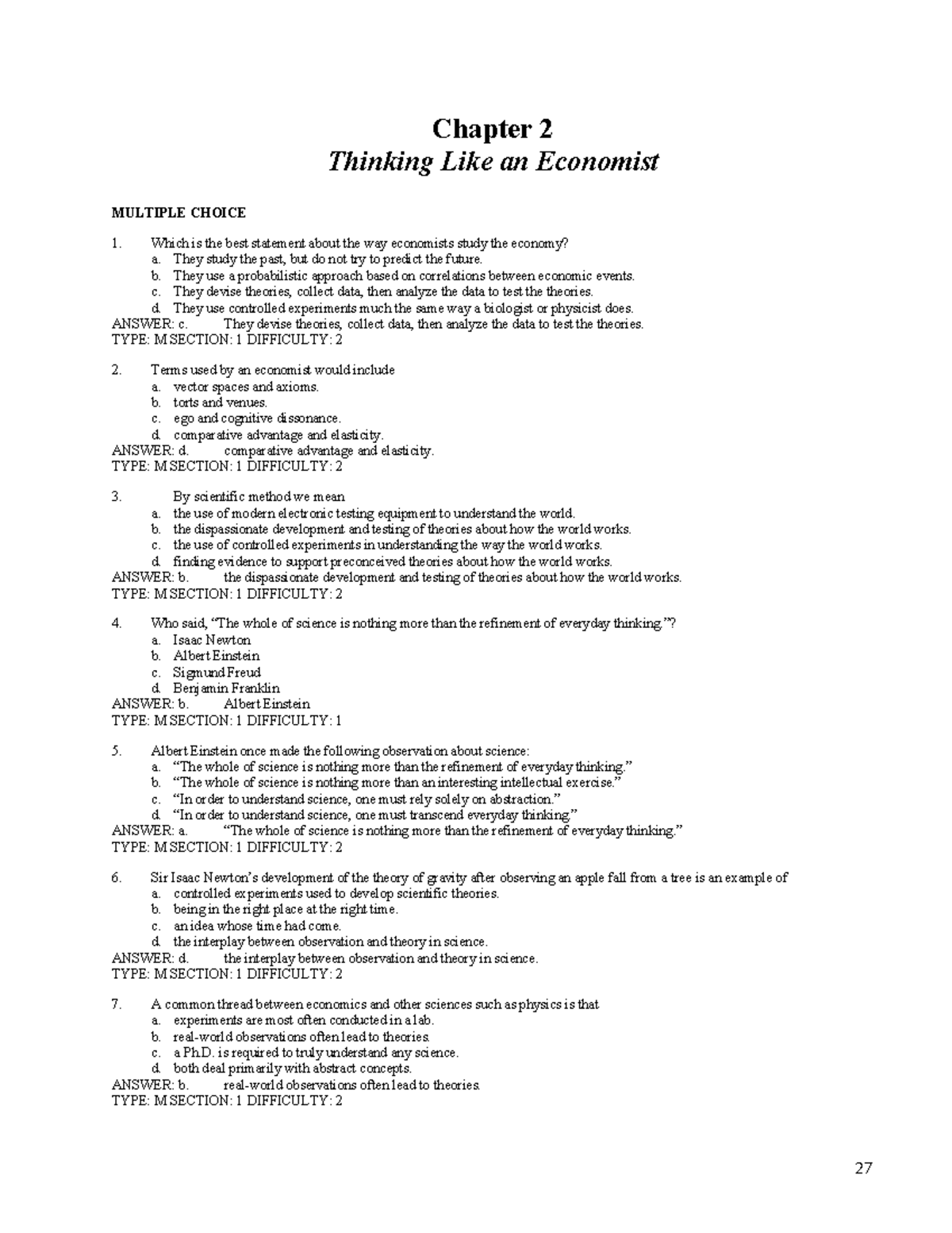 Chapter 02 - Thinking Like an Economist: Multiple Choice Questions ...