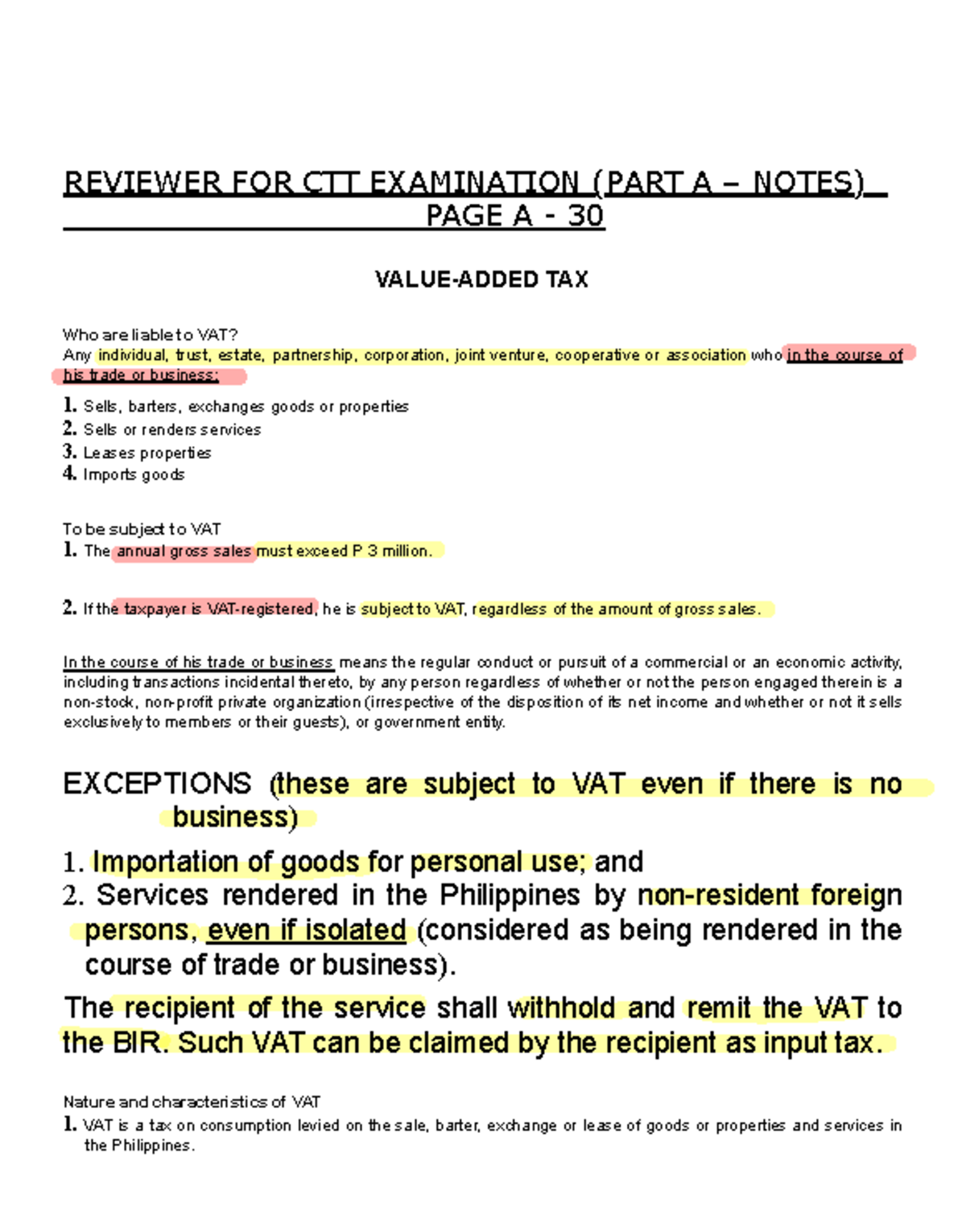 REVIEWER FOR CTT EXAMINATION: VAT-OPT Notes and Liabilities - Studocu