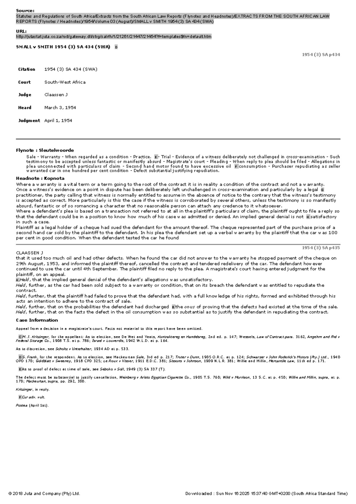 Case Study: Small v Smith 1954 (3) SA 434 (SWA) - Warranty Issues - Studocu