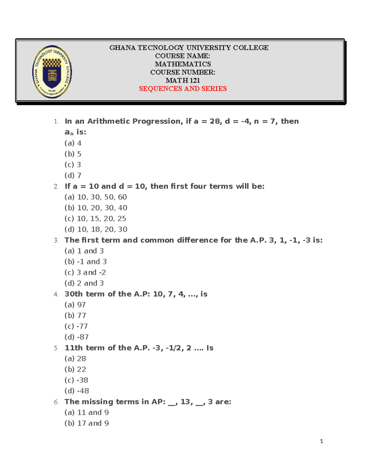 MATH 121 Final Exam Questions on Sequences and Series - Studocu