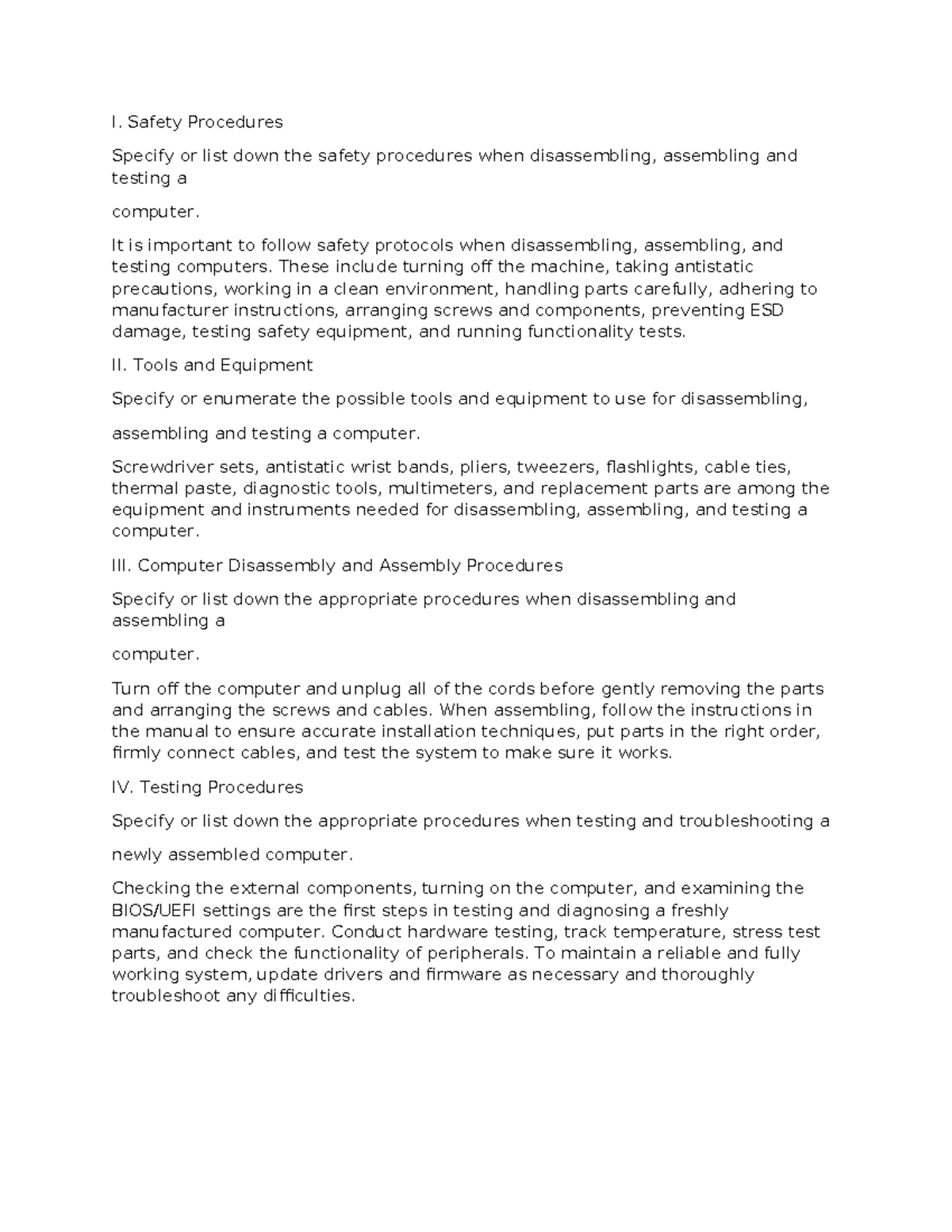 Activity 2 - notes - I. Safety Procedures Specify or list down the ...