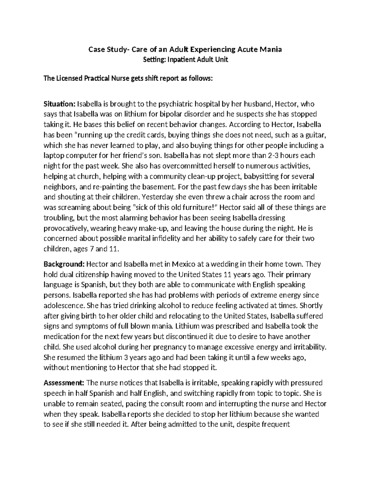 Case Study: Care of an Adult with Bipolar Mania (Isabella Part 1) - Studocu