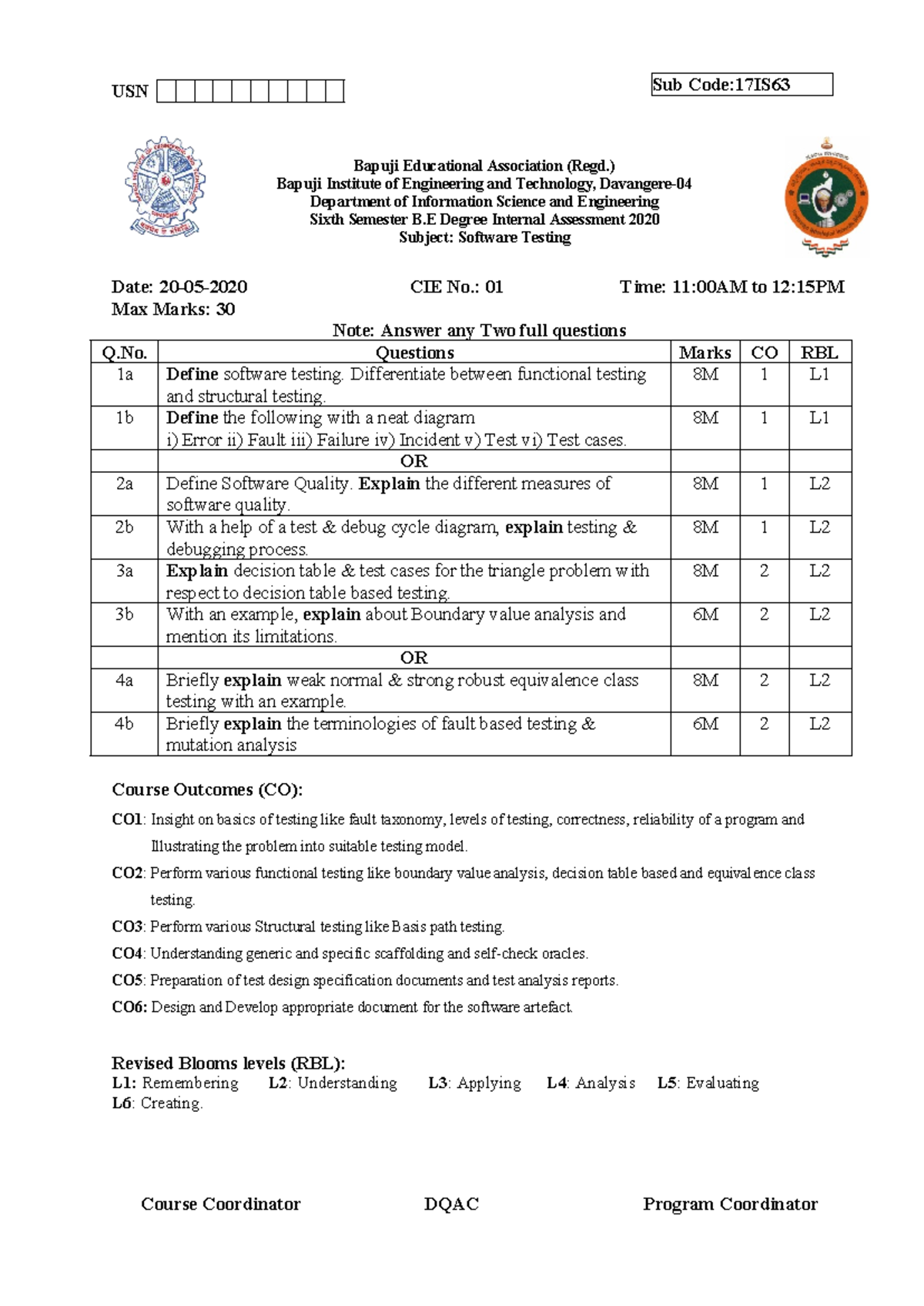Title: 17IS63 Software Testing Internal Assessment - CIE 01 - Studocu