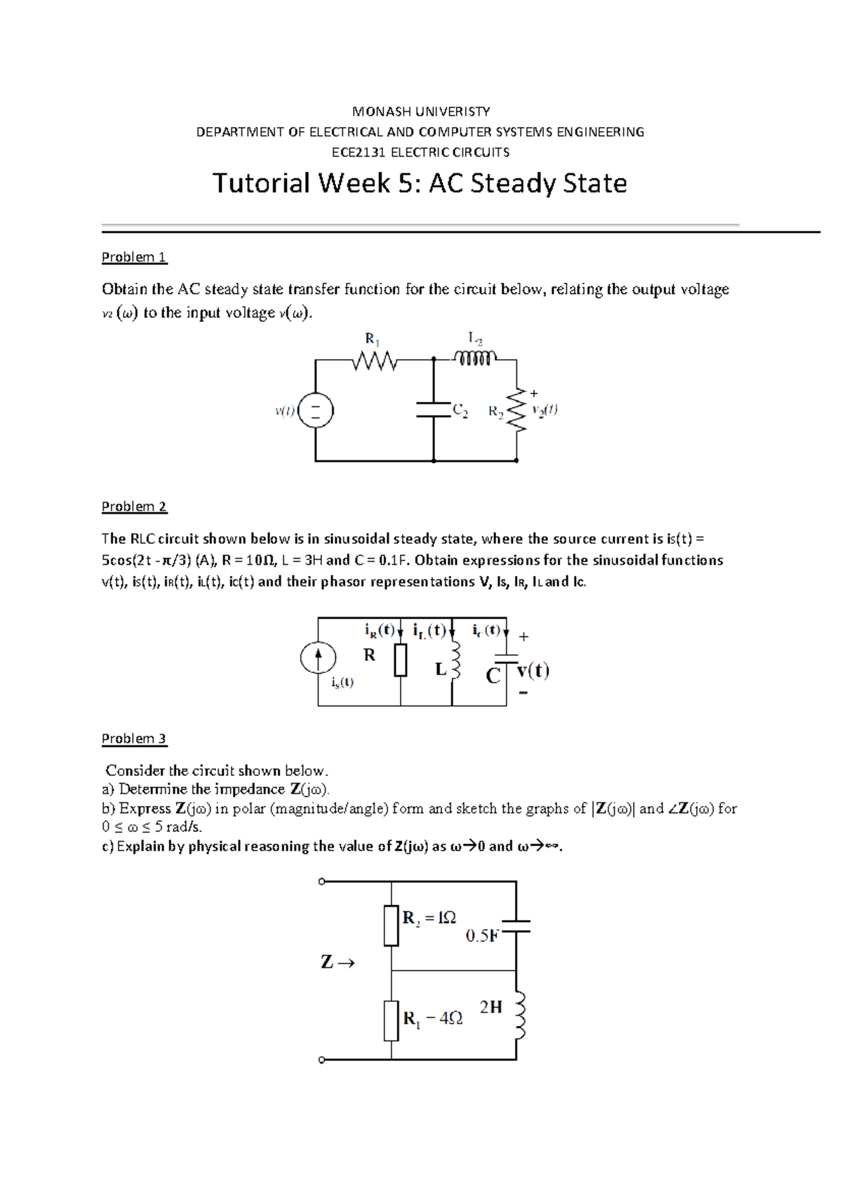 Tutorial Week 5: AC Steady State Analysis - ECE2131 - Studocu