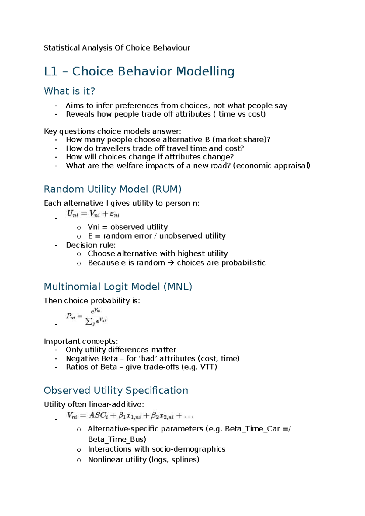 Statistical Analysis of Choice Behavior: STAT PT1 Lecture Notes ...