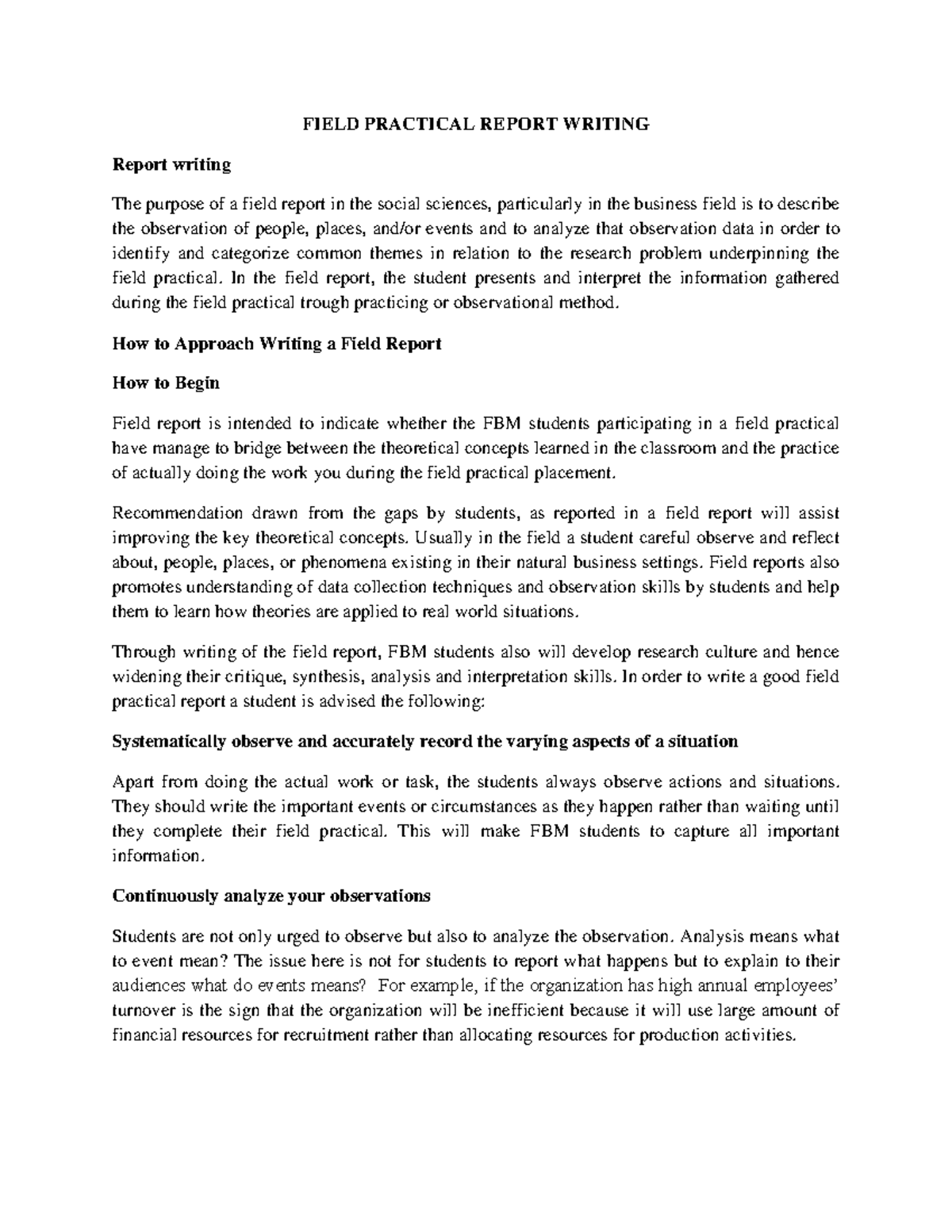 FBM 101: Detailed Field Practical Report Writing Guide - Studocu