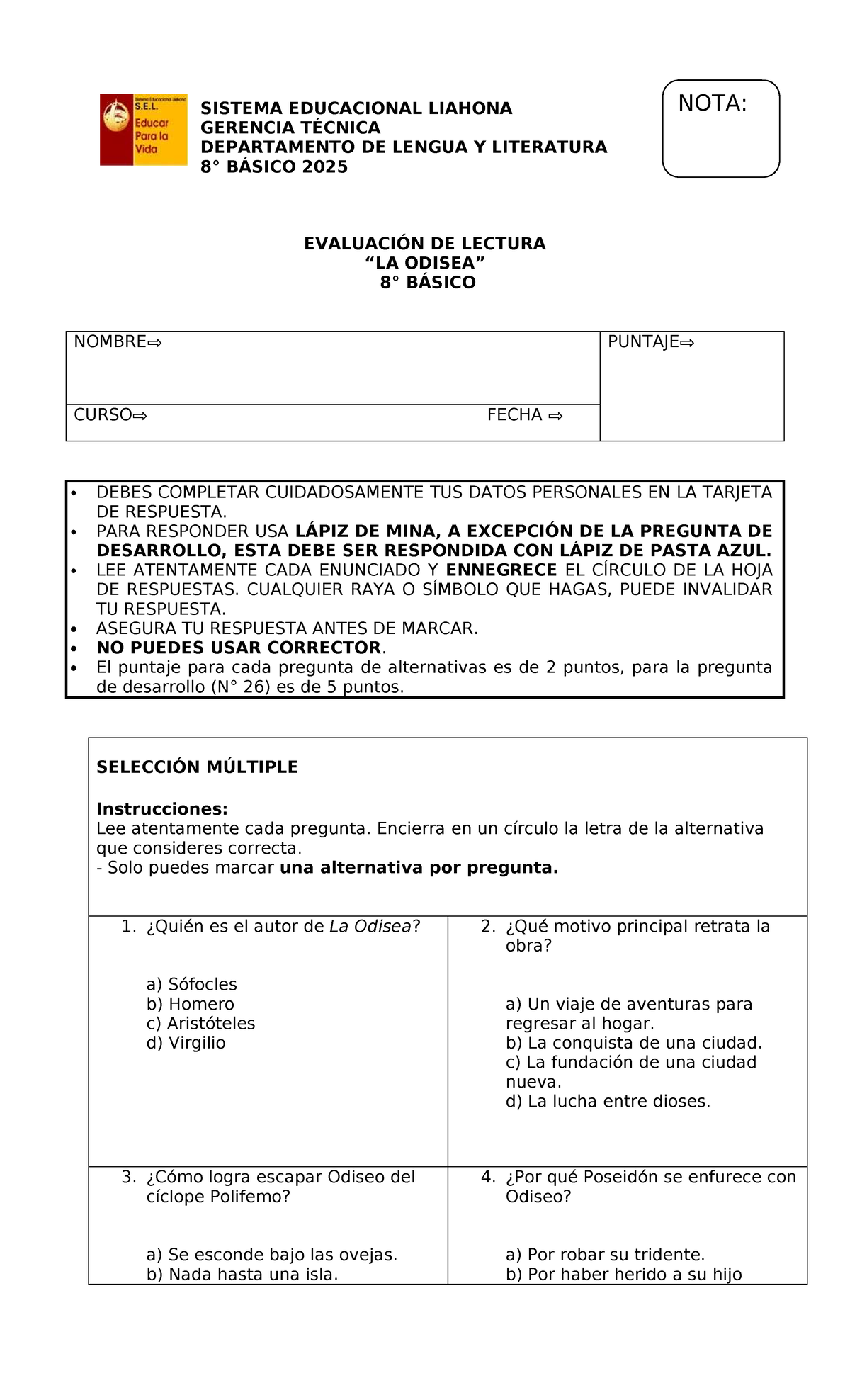 Evaluación de Lectura: La Odisea - Lengua y Literatura Básico 2025 - Document Preview