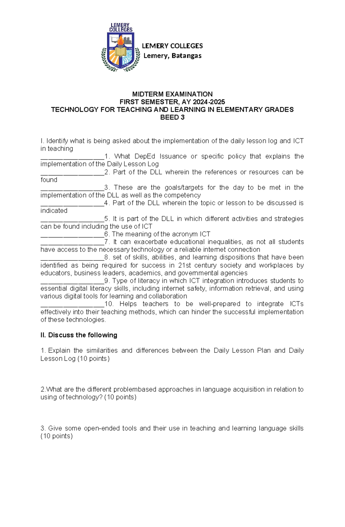 BEED 3 Midterm Exam: Technology for Teaching & Learning in Elementary ...