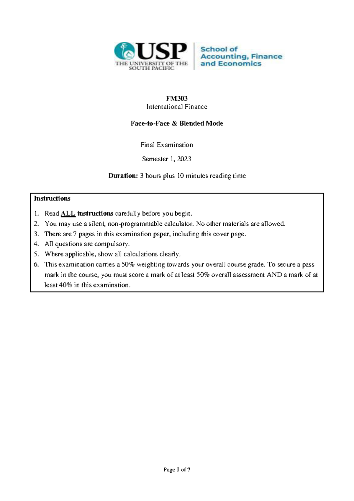 FM303 Final Examination Paper S1 2023 - International Finance - Studocu