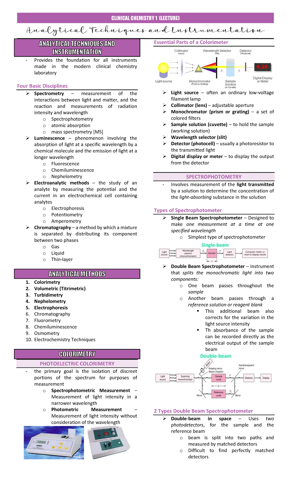 CLINICAL CHEMISTRY 1 (LECTURE) Lecture on Colorimetry and ...