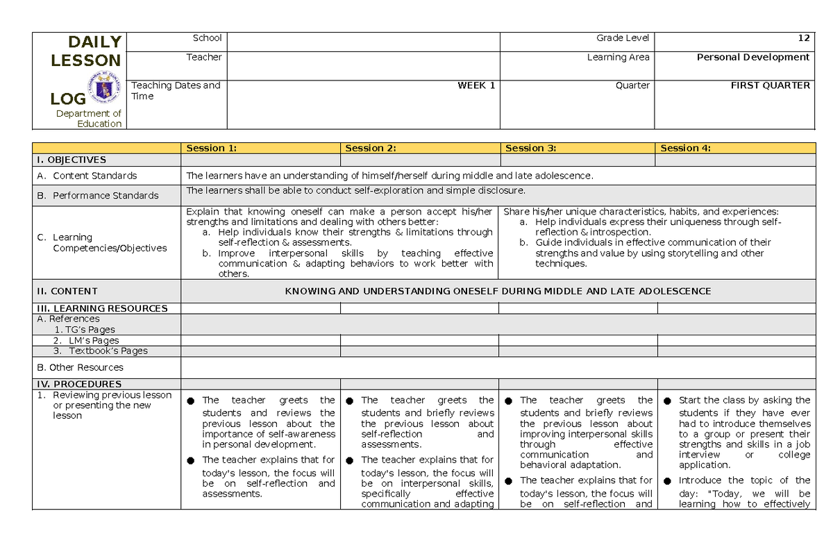 Grade 12 Personal Development Daily Lesson Log - 1st Quarter - Studocu