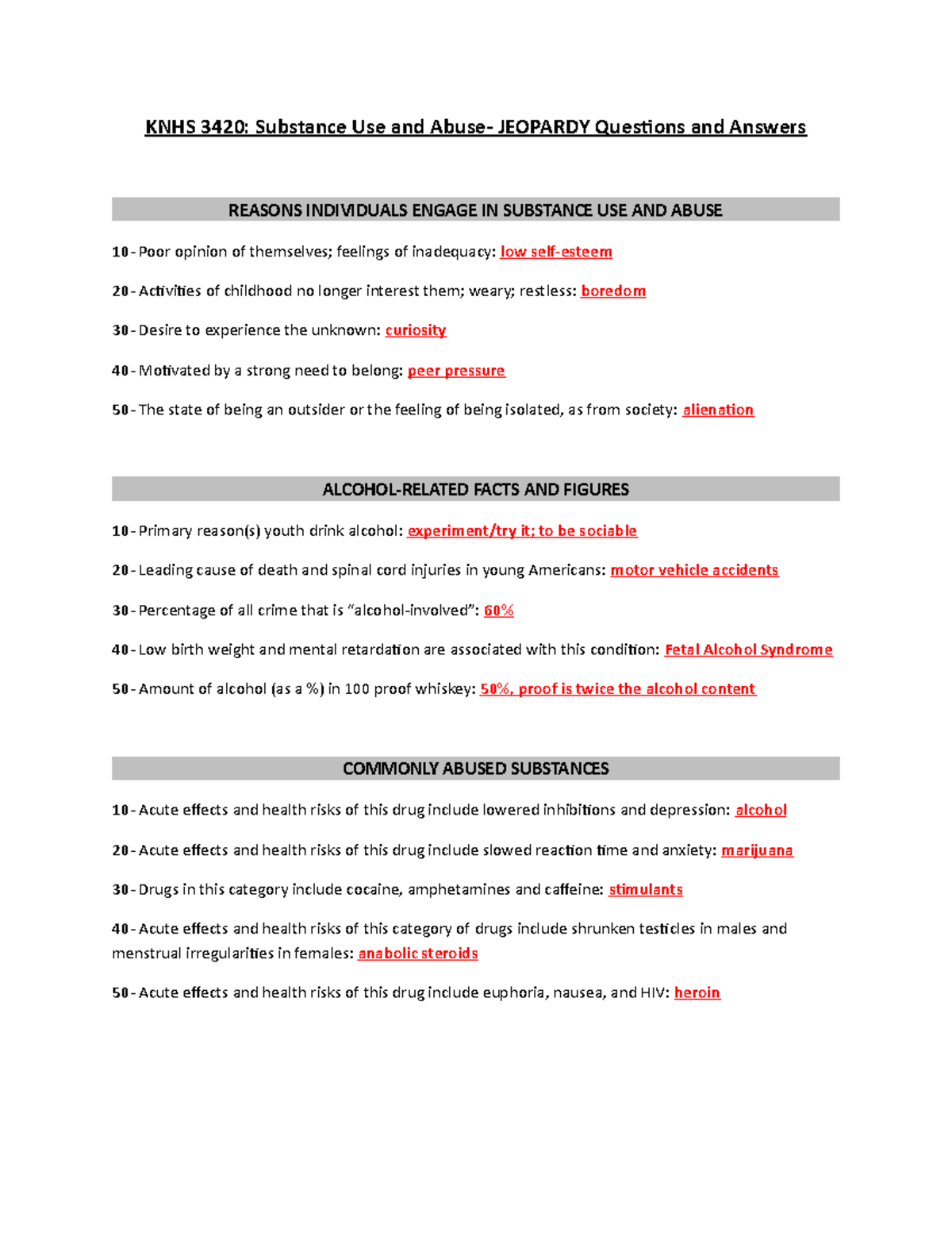 Jeopardy Substance Use and Abuse Questions and Answers in RED - KNHS ...