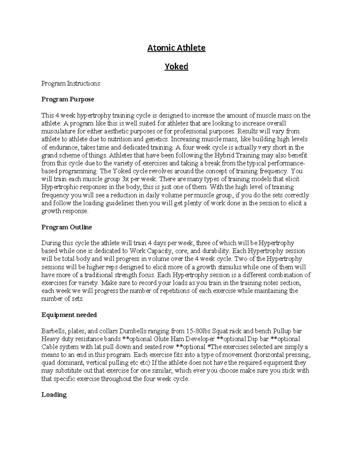 Atomic Athlete Yoked Program: 4-Week Hypertrophy Cycle Instructions ...