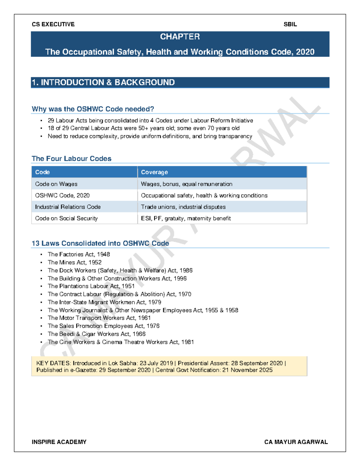 CS EXECUTIVE SBIL CHAPTER: Overview of the OSHWC Code, 2020 - Studocu