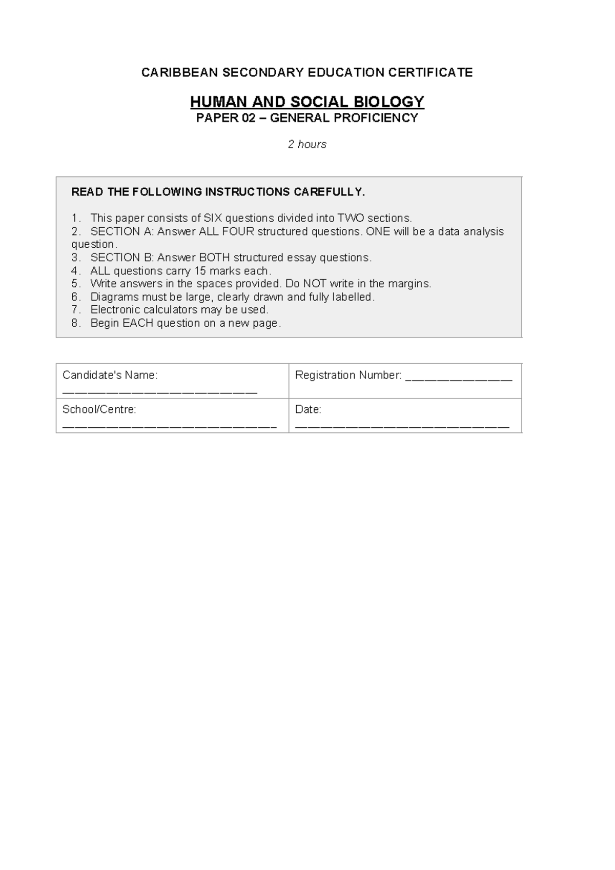 CSEC HSB Paper 02 General Proficiency Exam Guide - Studocu