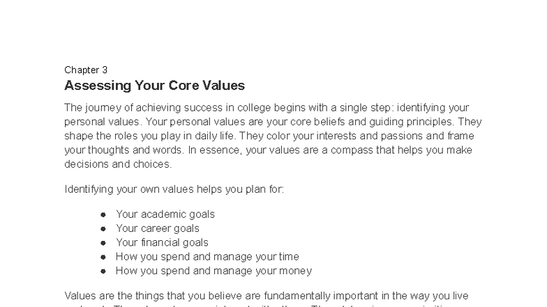 Chapter 3: Assessing Your Core Values in Learning Frameworks - Studocu