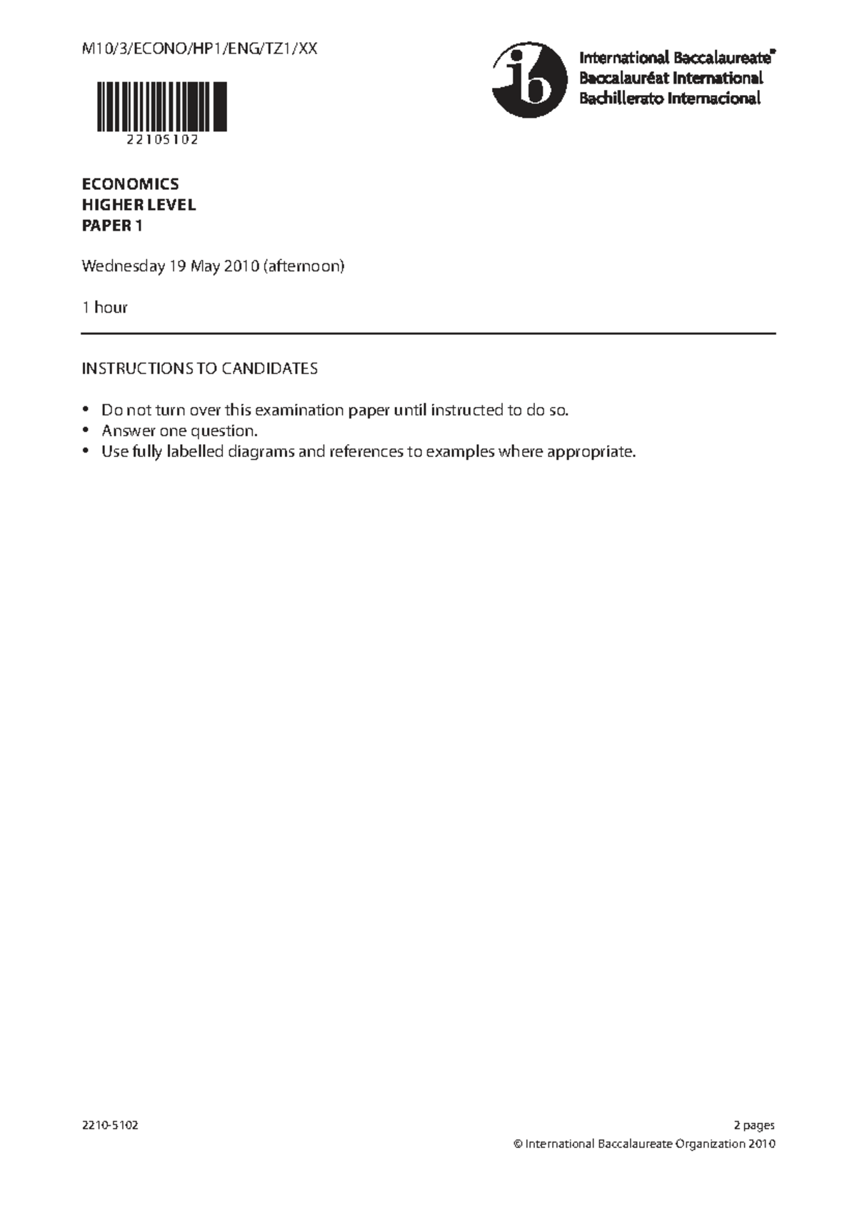 22105102 ECONOMICS HL Paper 1 Exam Instructions & Guidelines - Studocu