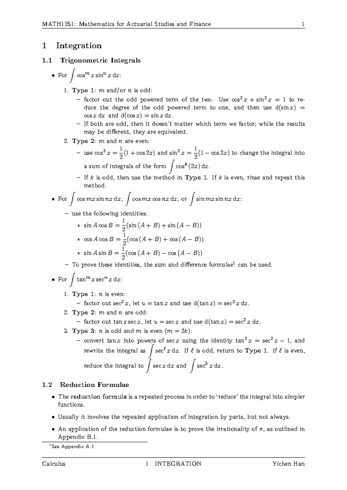 MATH1251: Integration Techniques and Applications in Calculus Notes ...