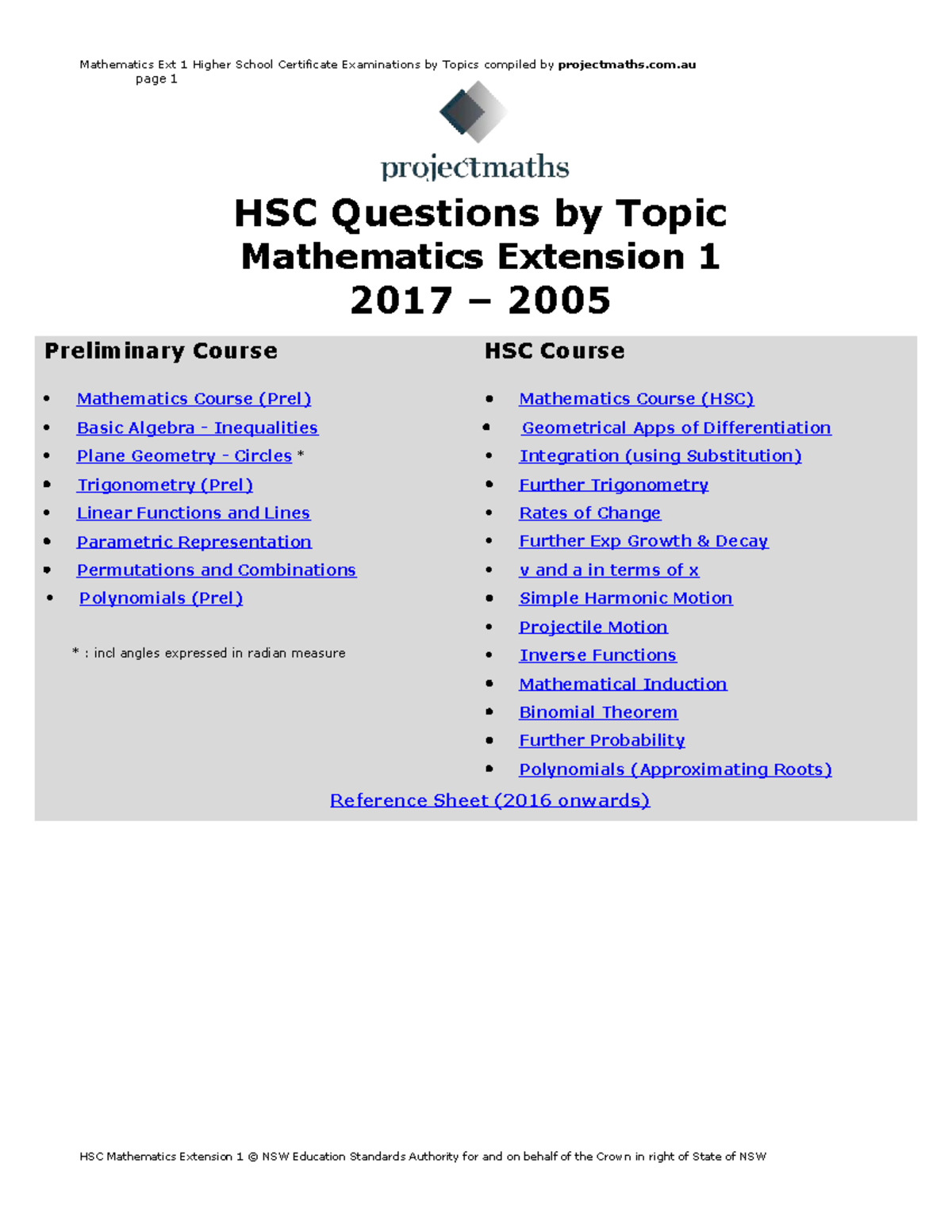 Mathematics Ext 1 HSC Exam Questions Compilation (2005-2017) - Studocu