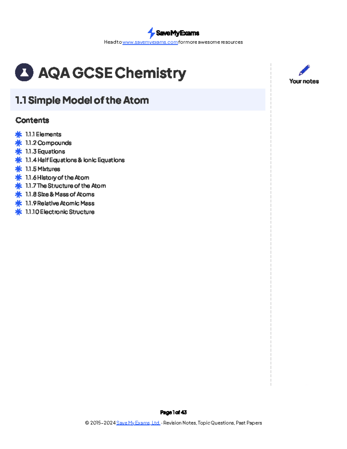 AQA GCSE Chemistry: Topic 1 - Simple Model of the Atom Notes - Studocu