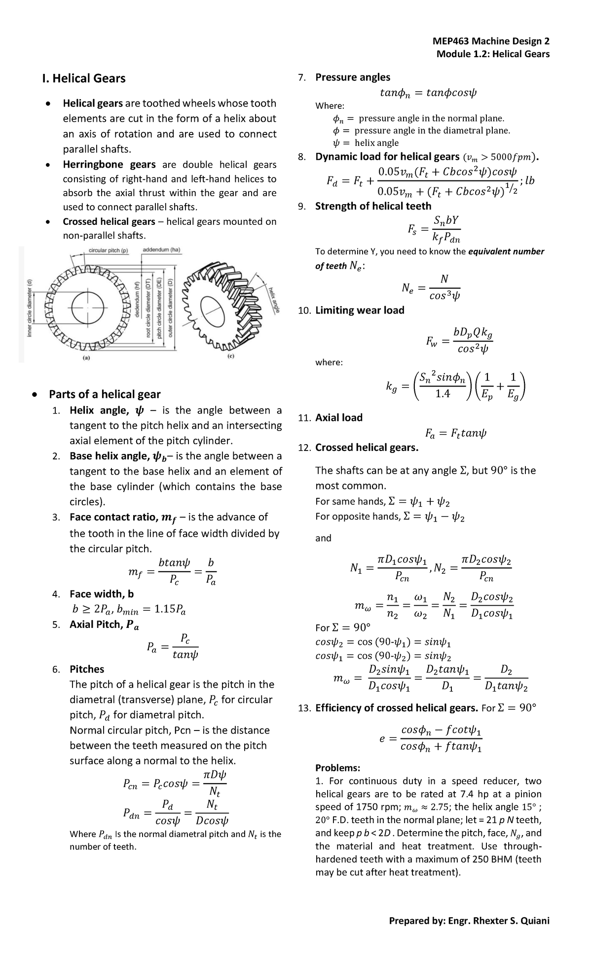 MEP463 Midterm Notes: Helical Gears in Machine Design 2 - Studocu